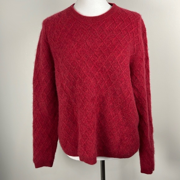 Red 100% Cashmere Diamond Chunky Cable Knit Sweater Sz L Fuzzy Preppy Cozy - Picture 2 of 11